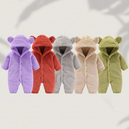 Winter 0-12M Newborn Baby Girls Boys Warm Fleece Bear Ear Romper Jumpsuit Thick Cozy Multi-Color Infant Hooded Jumpsuit