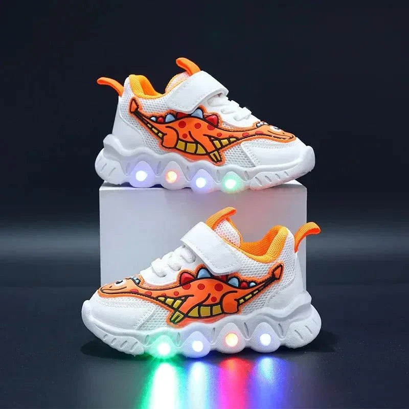 Animal print kids sneakers with lights, durable and comfortable design.