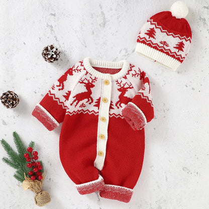 Sending Hats Baby Christmas Rompers Clothes Red Reindeer Knit Newborn Boy Girl Jumpsuits Winter Infant Kids New Year Playsuits