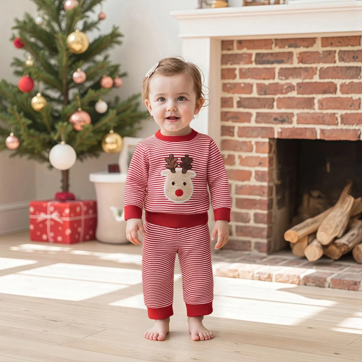 2025 Christmas Baby Boy Clothes Cotton 2Pcs Sets 0-3Y Newborn Baby Girls Reindeer Embroidery Striped Sweatshirt and Pants Outfit