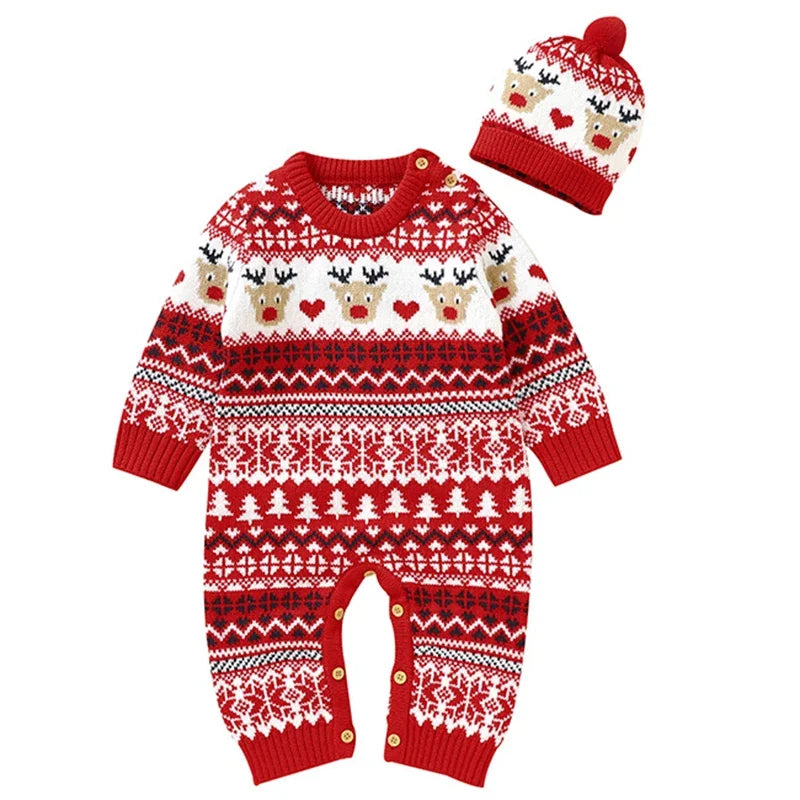 Christmas Rompers Red Winter Newborn Reindeer Knit Infant Boys Girl Long Sleeve Cartoon Snowman Rompers Toddler Outwear Clothes