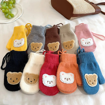 Winter Warm Knitted Baby Gloves Cute Cartoon Bear Boys Girls Full Finger Mittens With Ropes Outdoor Windproof Kids Mittens