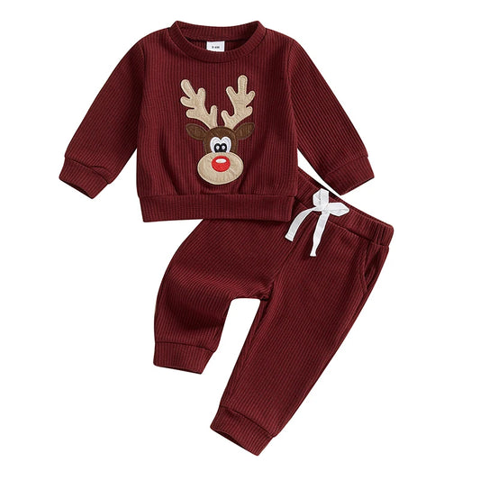 Baby 2Pcs Christmas Outfits Long Sleeve Reindeer Embroidery Sweatshirt and Pocket Pants Set Winter Clothes