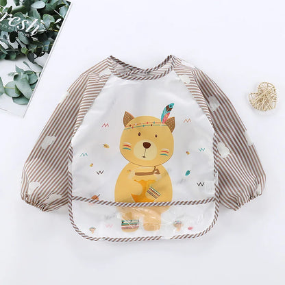 Baby Bibs Cute Colorful Cartoon Waterproof Bib Infant Eating Children Drawing Long Sleeve Pocket Apron Self Feeding Baby 0-3Y