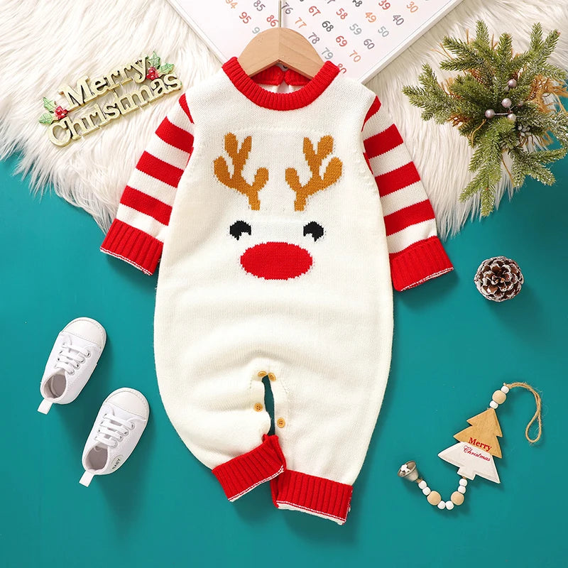 0-18m Christmas Baby Unisex Rompers Winter Reindeer Knitted Newborn Boys Girls Long Sleeve Jumpsuits One Pieces Infant Playsuits
