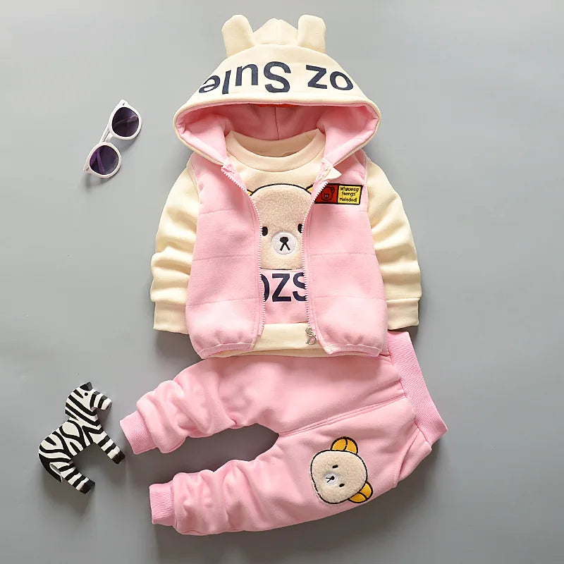 Winter Cartoon Set Baby Autumn Thick Warm Suit Infant Hooded Jackets+Pullovers+Pants 3Pcs Outfits Kids Fleece Clothes