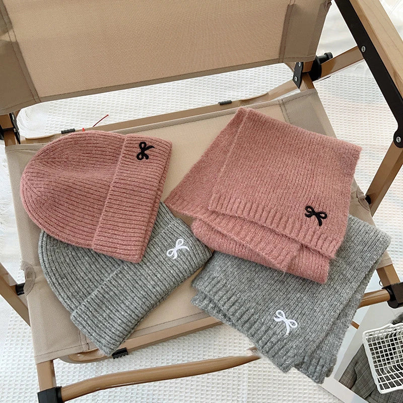 2024 Kids Knitted Hats Scarfs Set Cute Bow Embroidered Hat Trendy Solid Girls Baby Cap Winter Warm Children Accessories