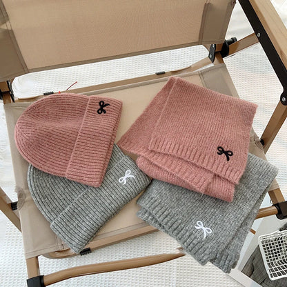 2024 Kids Knitted Hats Scarfs Set Cute Bow Embroidered Hat Trendy Solid Girls Baby Cap Winter Warm Children Accessories