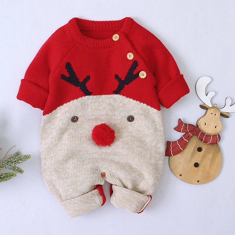 Sending Hats Baby Christmas Rompers Clothes Red Reindeer Knit Newborn Boy Girl Jumpsuits Winter Infant Kids New Year Playsuits