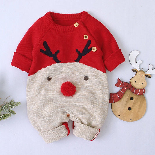 Sending Hats Baby Christmas Rompers Clothes Red Reindeer Knit Newborn Boy Girl Jumpsuits Winter Infant Kids New Year Playsuits