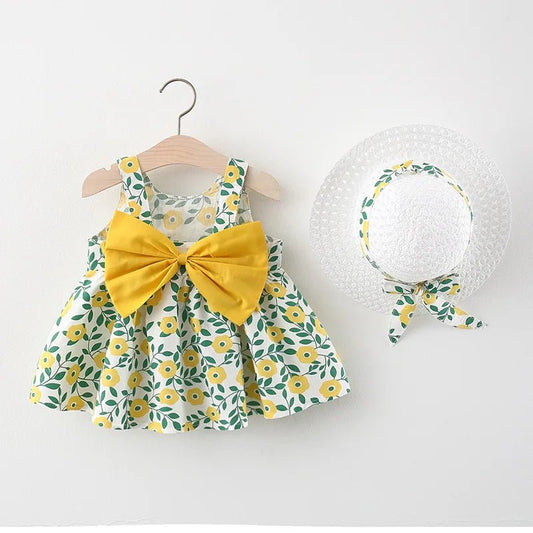Summer Newborn Baby Clothes Toddler Girl Cotton Beach Suspender Dress and Sun Hat 2 Piece Set - BabyHaven