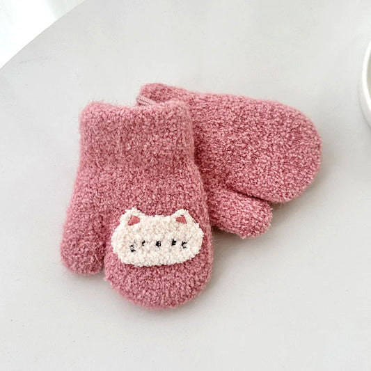 Cartoon Baby Plush Mittens Thick Double Layer Hanging Neck Gloves 1-3Year Girl Boy Winter Hand Warmer Cover Cute Children Gloves