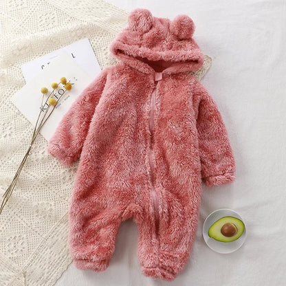 Thick Warm Baby Rompers Cute Winter Infant Jumpsuits Hooded Coral Fleece Bear Shape Newborn Soft Pajamas Overalls Clothing