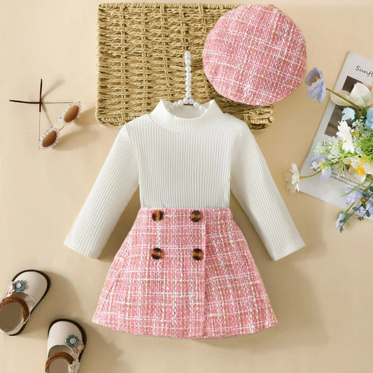 Infant Spring Autumn Long Sleeve Top and Dress Set 6-18 Months Baby Girl Houndstooth Skirt Beret