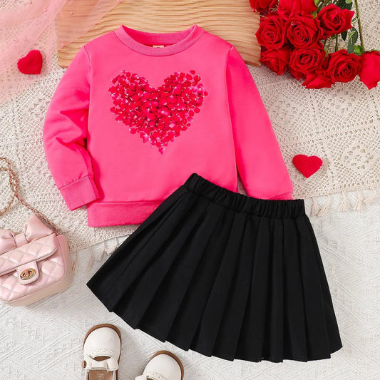 Spring 3 - 10y Kids Girls Heart Print Tops Pleated Skirt Set - BabyHaven