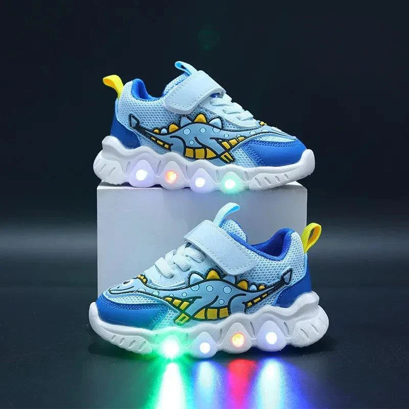 Animal print sneakers with lights for kids on display.