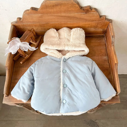Korean Style Baby Boys Girls Winter Coat Fleece Lined Thickened Cotton Padded Jacket Cute Bear Ear Hooded Warm Outerwear