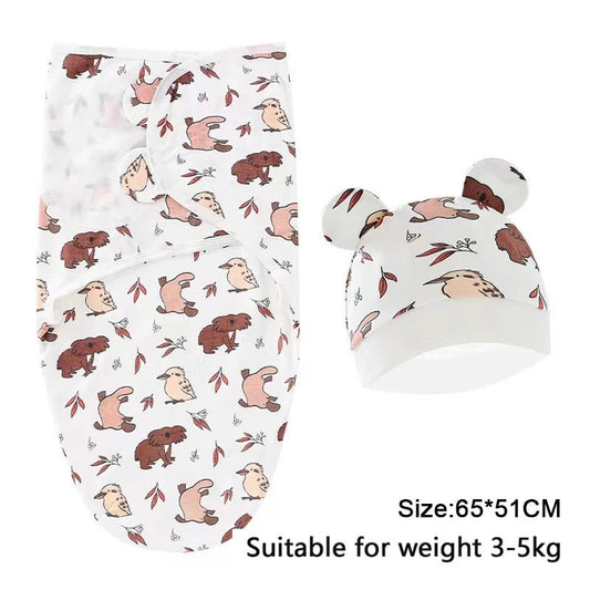 Baby Blanket Hat Set Cartoon Printed Cotton Newborn Swaddle - BabyHaven