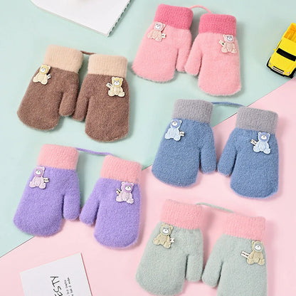 Cute Bear Kids Plush Hanging Neck Mittens Boys Girls Anti Cold Warm Hand Cover 3-7year Children Woolen Glove Winter Baby Thermal