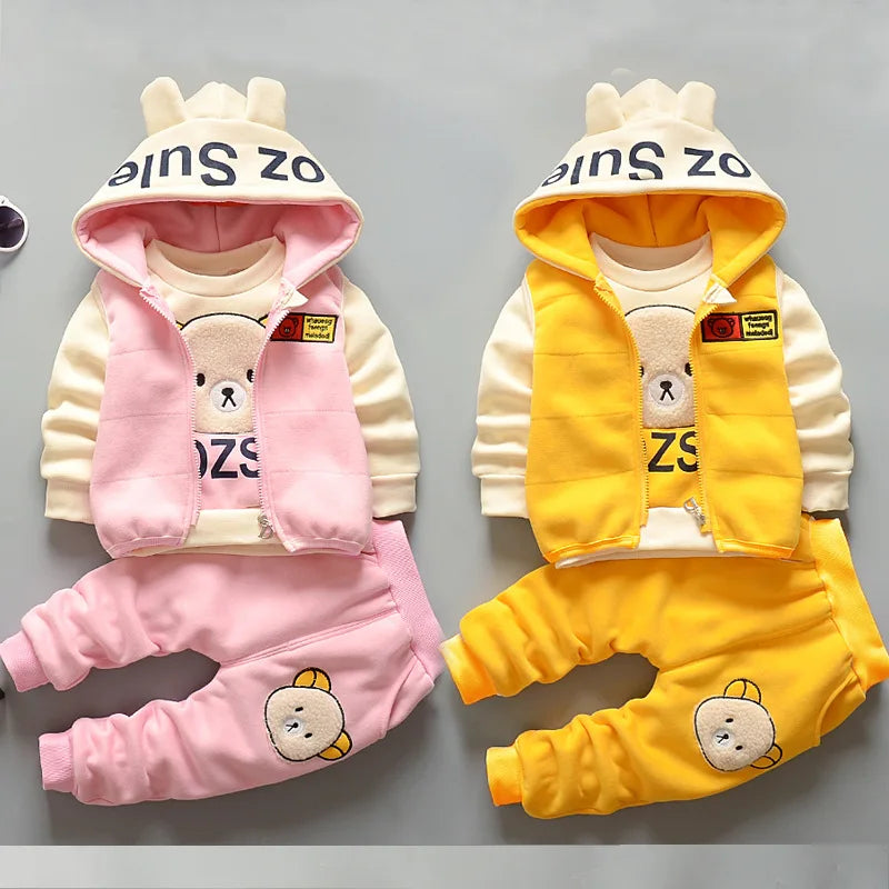 Winter Cartoon Set Baby Autumn Thick Warm Suit Infant Hooded Jackets+Pullovers+Pants 3Pcs Outfits Kids Fleece Clothes