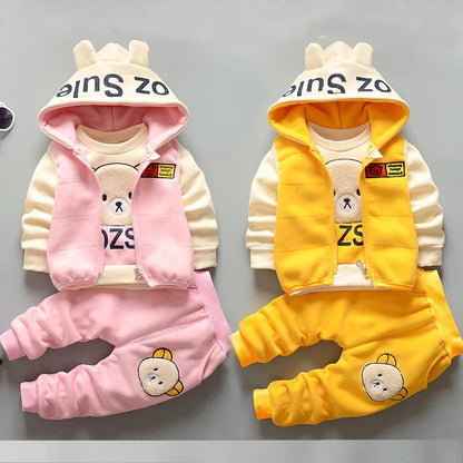 Winter Cartoon Set Baby Autumn Thick Warm Suit Infant Hooded Jackets+Pullovers+Pants 3Pcs Outfits Kids Fleece Clothes