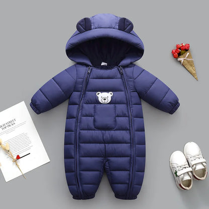 2025 Autumn Winter Baby Girls Romper Hooded Thick Cartoon Ear Cotton Baby Boys Snowsuit Newborn Jumpsuit Toddler Overalls