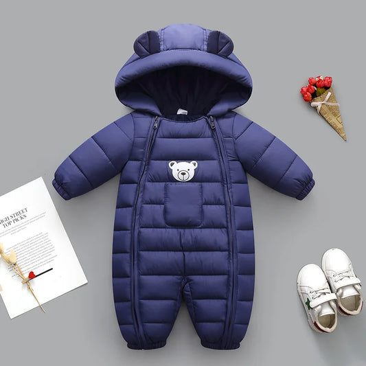2025 Autumn Winter Baby Girls Romper Hooded Thick Cartoon Ear Cotton Baby Boys Snowsuit Newborn Jumpsuit Toddler Overalls