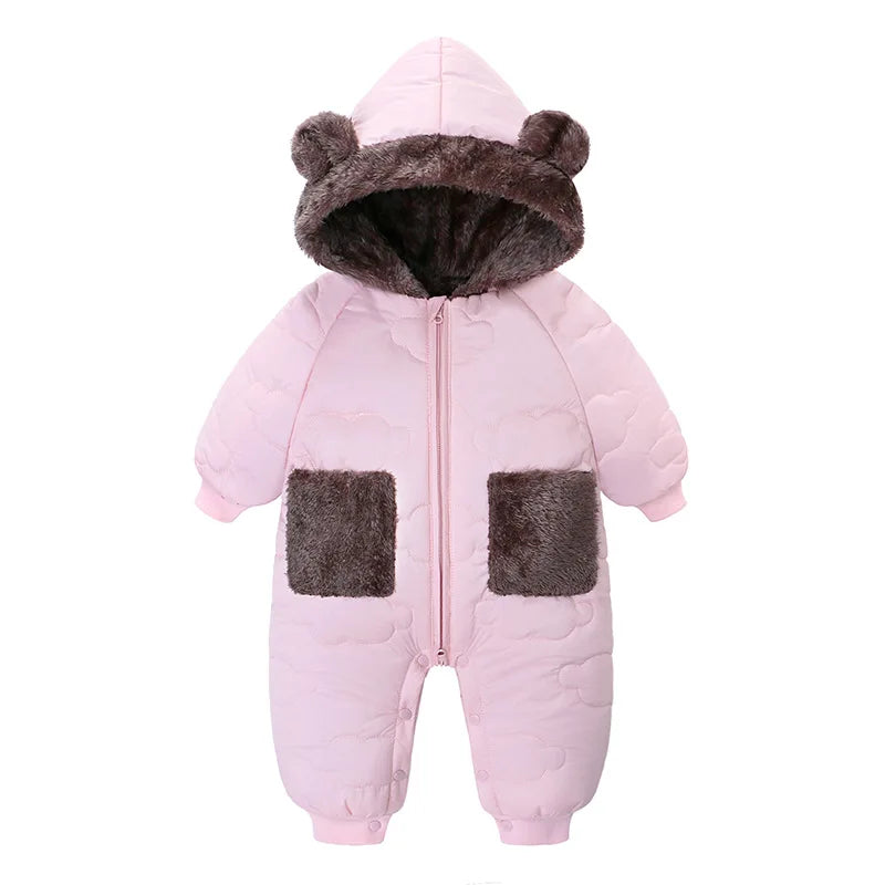 New winter new baby flannel one-piece warm cotton jacket baby plus velvet hooded 0-3 years old children's clothing