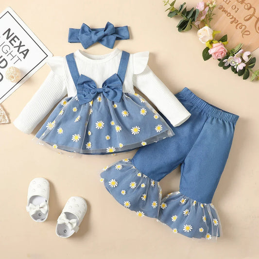 Stylish Newborn Baby Girl Clothes Set 3-24 Months with long sleeve top, floral pants, and headband for one-year outfits.