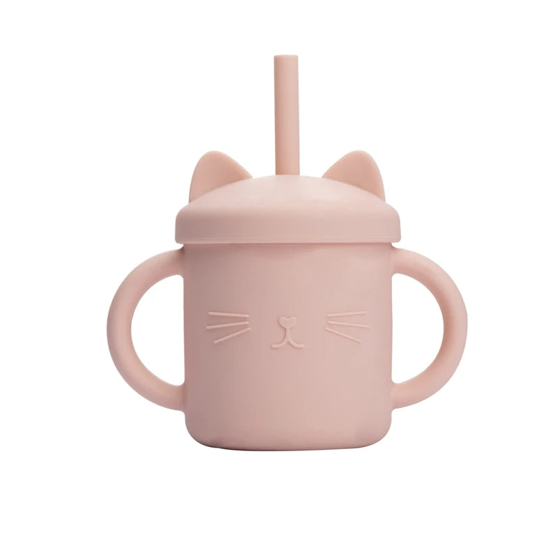 Baby Silicone Straw Feeding Cup BPA Free Children Portable Cartoon Kitty Drink Cup Kids Learning Leakproof Water Feeding Cup