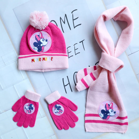 3pcs/set 4-8Years children's hat boys Mickey Cartoon hat scarf gloves hat knitted sets girl cap keep warm girls headgear