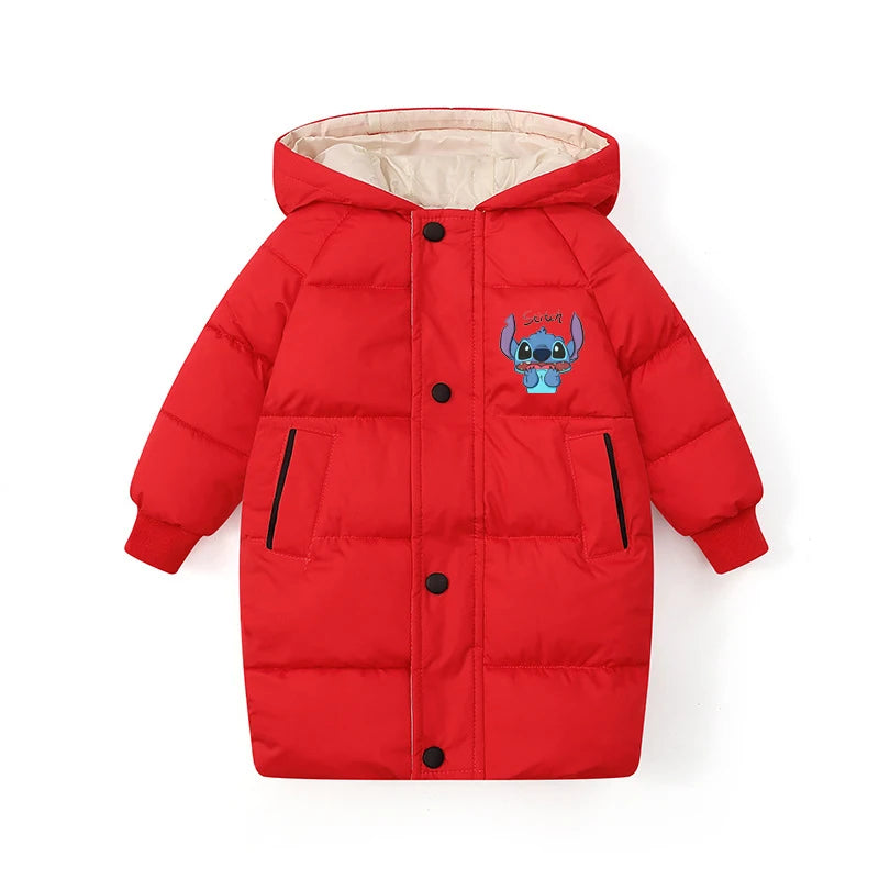 Disney Stitch Kids Long Winter Jacket Thicken Warm Cotton Coat for Boys And Girls Autumn Teen Outerwear Big Children's Clothes