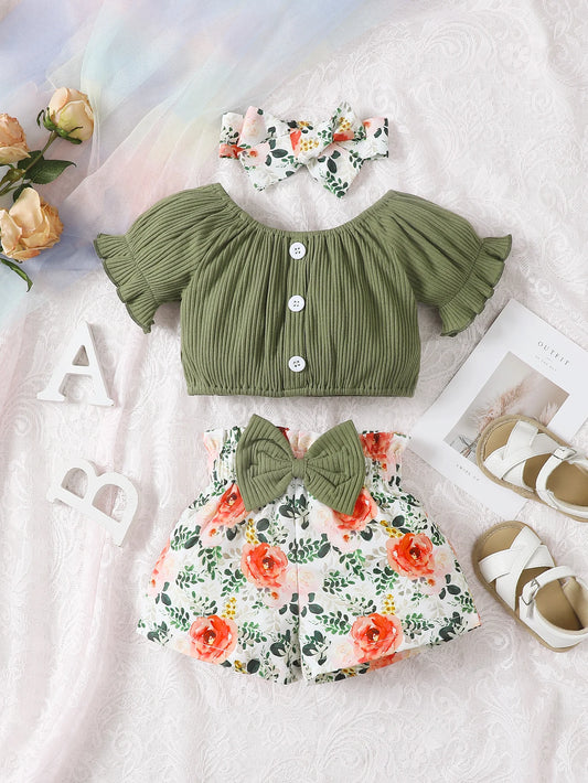 Summer Round Neck Cute Casual Girl 0-2 Cotton Set Outfit