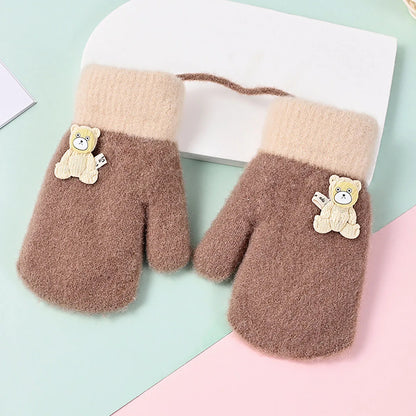 Cute Bear Kids Plush Hanging Neck Mittens Boys Girls Anti Cold Warm Hand Cover 3-7year Children Woolen Glove Winter Baby Thermal