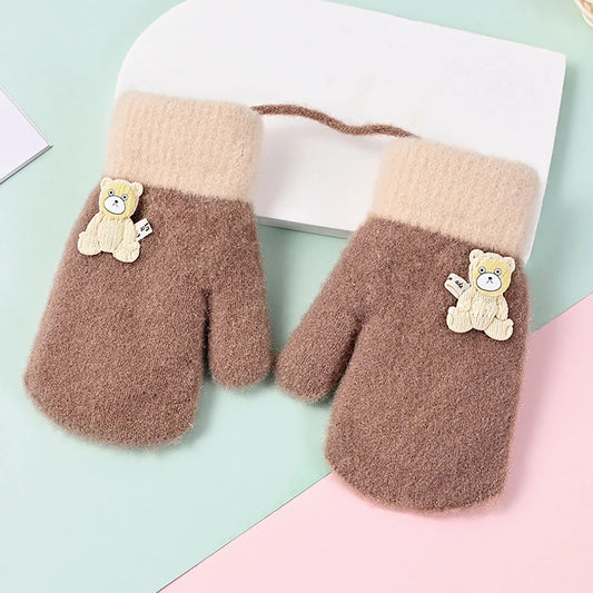 Cute Bear Kids Plush Hanging Neck Mittens Boys Girls Anti Cold Warm Hand Cover 3-7year Children Woolen Glove Winter Baby Thermal