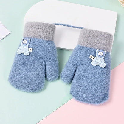 Cute Bear Kids Plush Hanging Neck Mittens Boys Girls Anti Cold Warm Hand Cover 3-7year Children Woolen Glove Winter Baby Thermal