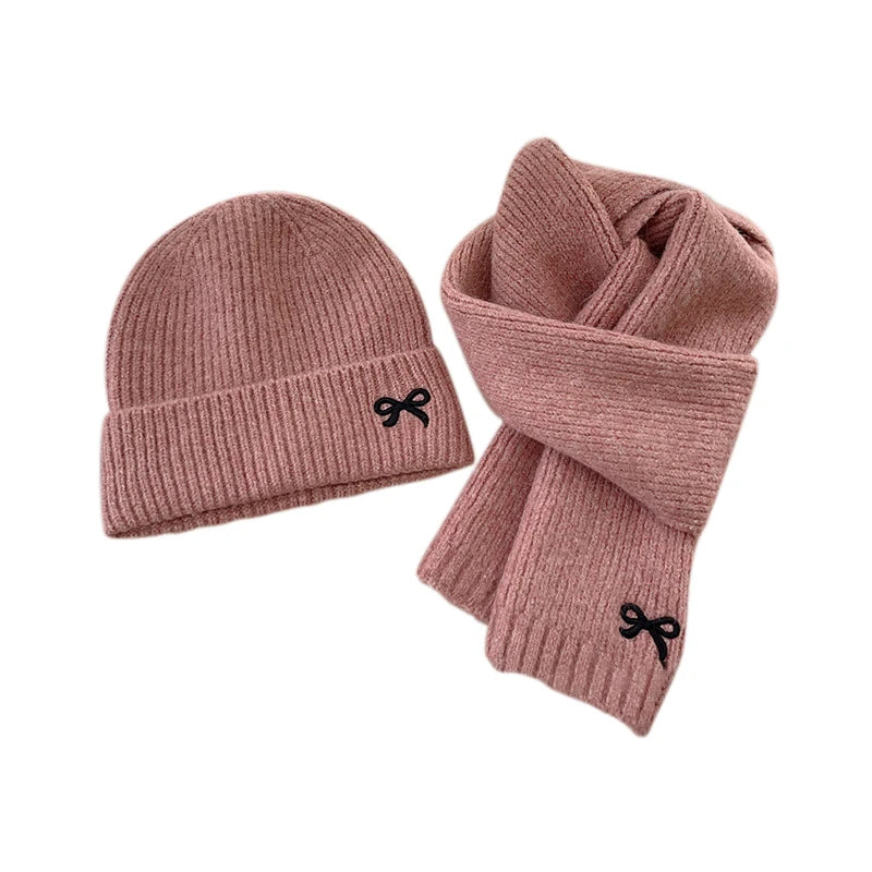 2024 Kids Knitted Hats Scarfs Set Cute Bow Embroidered Hat Trendy Solid Girls Baby Cap Winter Warm Children Accessories