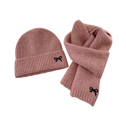 2024 Kids Knitted Hats Scarfs Set Cute Bow Embroidered Hat Trendy Solid Girls Baby Cap Winter Warm Children Accessories