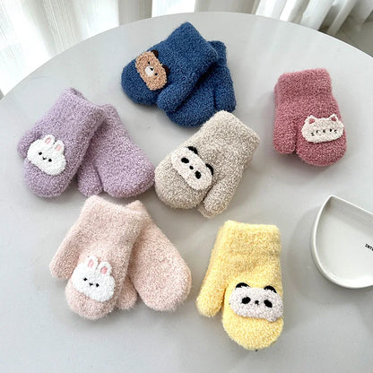 Cartoon Baby Plush Mittens Thick Double Layer Hanging Neck Gloves 1-3Year Girl Boy Winter Hand Warmer Cover Cute Children Gloves