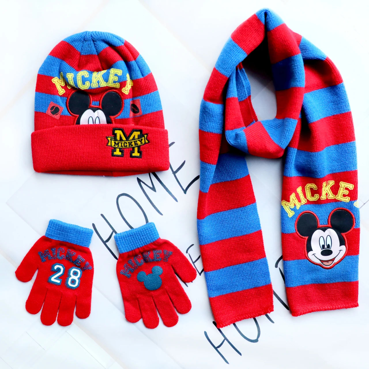 3pcs/set 4-8Years children's hat boys Mickey Cartoon hat scarf gloves hat knitted sets girl cap keep warm girls headgear