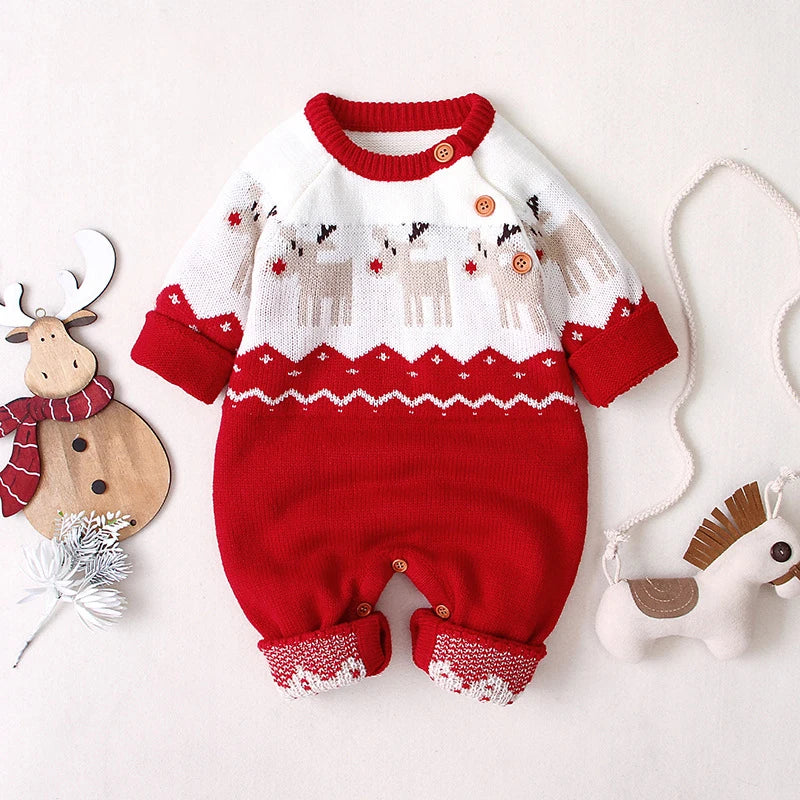 Sending Hats Baby Christmas Rompers Clothes Red Reindeer Knit Newborn Boy Girl Jumpsuits Winter Infant Kids New Year Playsuits