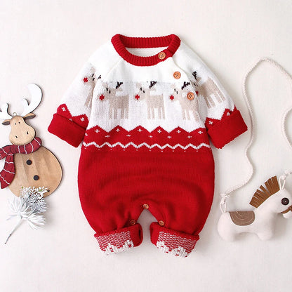 Sending Hats Baby Christmas Rompers Clothes Red Reindeer Knit Newborn Boy Girl Jumpsuits Winter Infant Kids New Year Playsuits