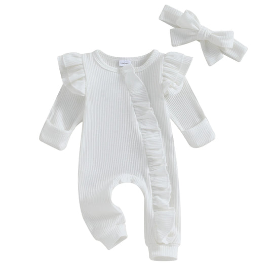 Newborn Infant Baby Girl Clothes Ruffle Zipper Romper Long Sleeve Jumpsuit Fall Winter Clothes - BabyHaven