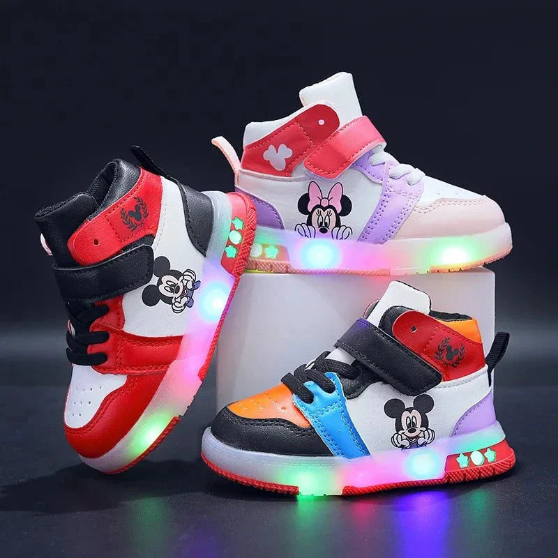 Disney white casual shoes for kids with colorful lights and Mickey Mouse design.