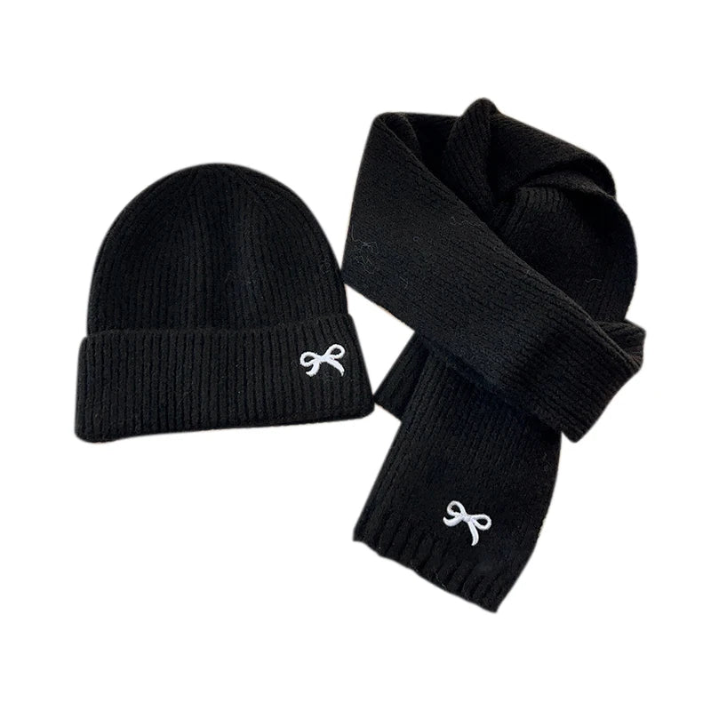 2024 Kids Knitted Hats Scarfs Set Cute Bow Embroidered Hat Trendy Solid Girls Baby Cap Winter Warm Children Accessories