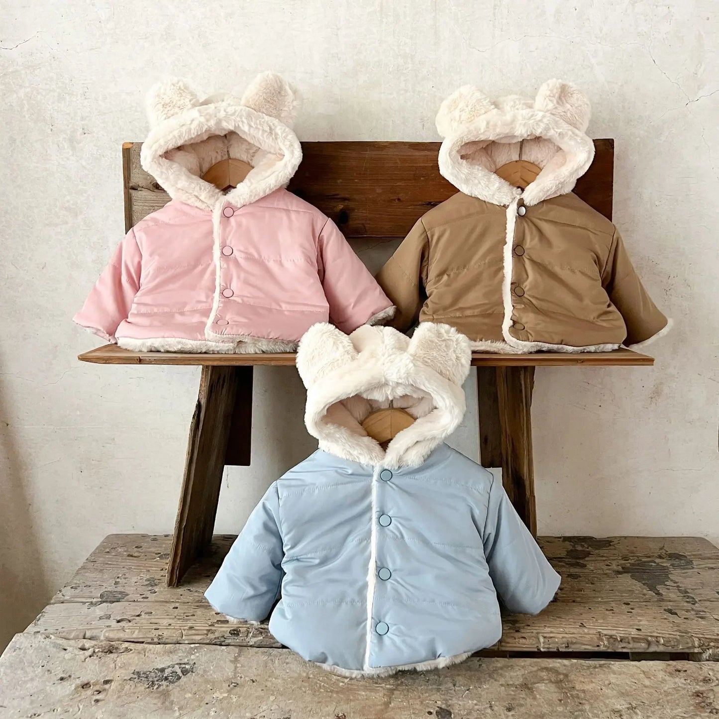 Korean Style Baby Boys Girls Winter Coat Fleece Lined Thickened Cotton Padded Jacket Cute Bear Ear Hooded Warm Outerwear