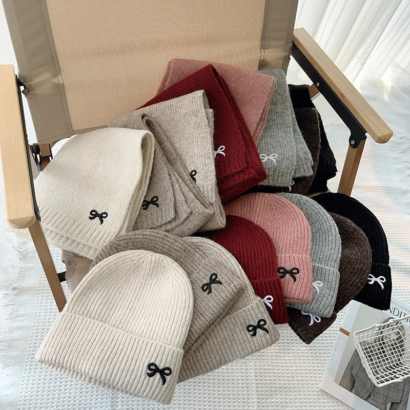 2024 Kids Knitted Hats Scarfs Set Cute Bow Embroidered Hat Trendy Solid Girls Baby Cap Winter Warm Children Accessories