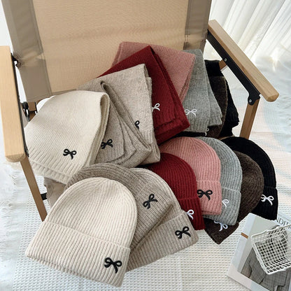 2024 Kids Knitted Hats Scarfs Set Cute Bow Embroidered Hat Trendy Solid Girls Baby Cap Winter Warm Children Accessories