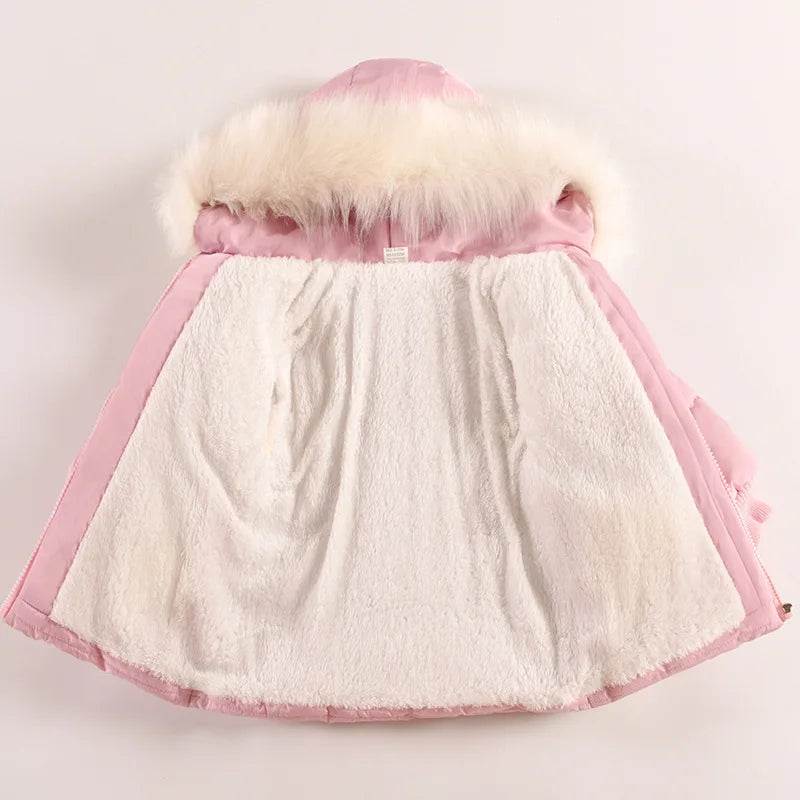 Flowers Autumn Winter Girls Jacket Fur Collar Keep Warm Little Princess Coat Hooded Zipper Baby Outerwear 1-5 Years Kids Clothes