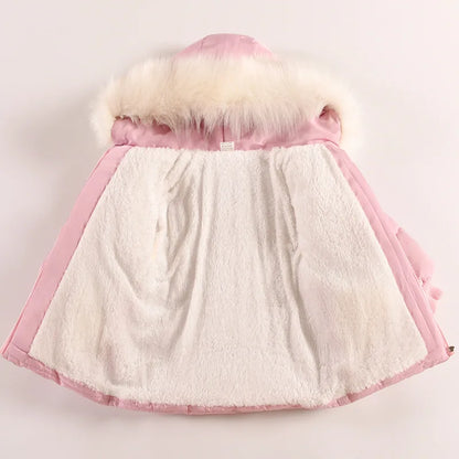 Flowers Autumn Winter Girls Jacket Fur Collar Keep Warm Little Princess Coat Hooded Zipper Baby Outerwear 1-5 Years Kids Clothes